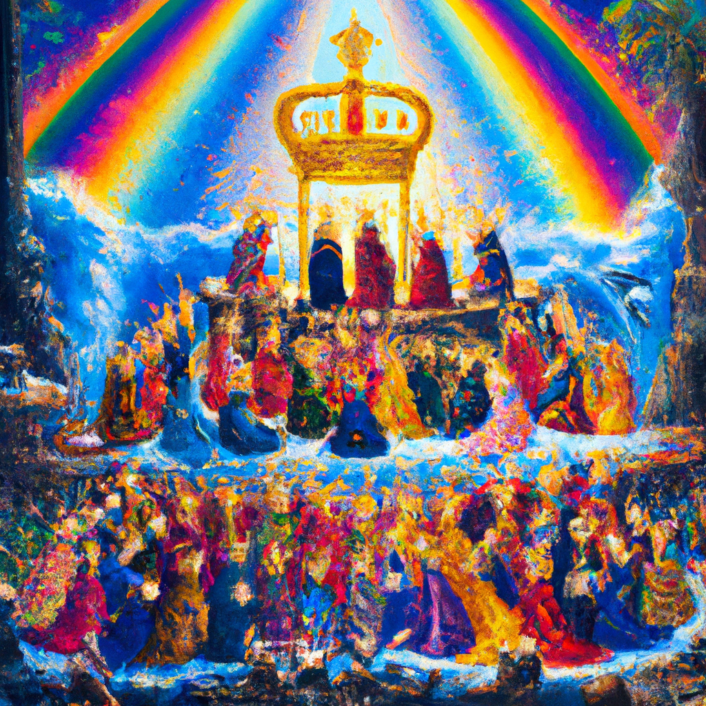 Image generated from Dall.e prompt 'An expressive oil painting of A throne encircled by brilliant rainbows, twenty-four elders worship with jeweled crowns, and vibrant creatures sing praises in heavenly splendor.'