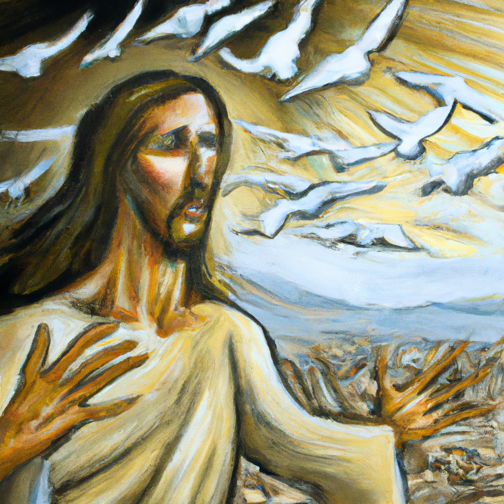 Image generated from Dall.e prompt 'An expressive oil painting of A determined Jesus journeys toward Jerusalem, expressing sorrow for a city rejecting wisdom, urging faith like nurturing hen under wings.'